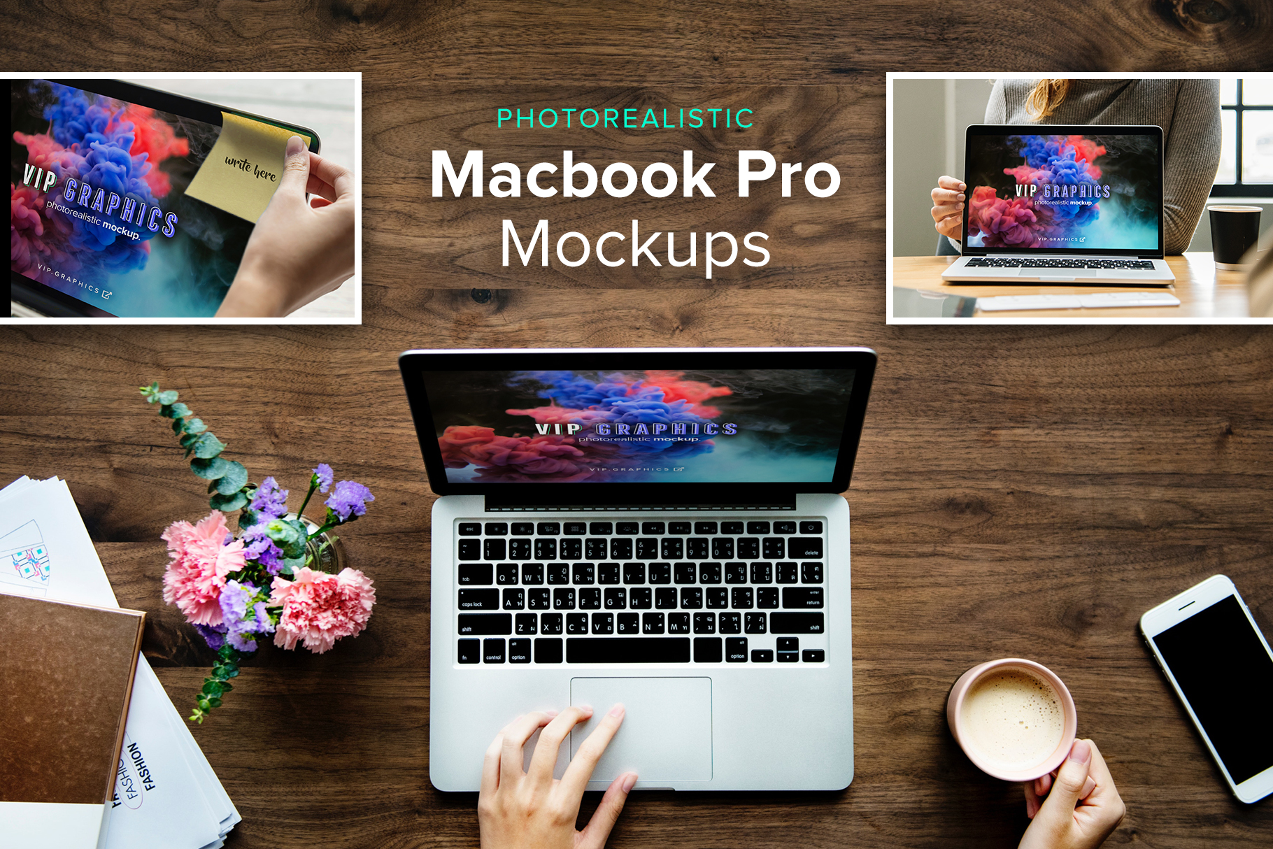 Photorealistic Macbook Mockup Design Freebie .PSD - Laptop Desk Photos | VIP Graphics