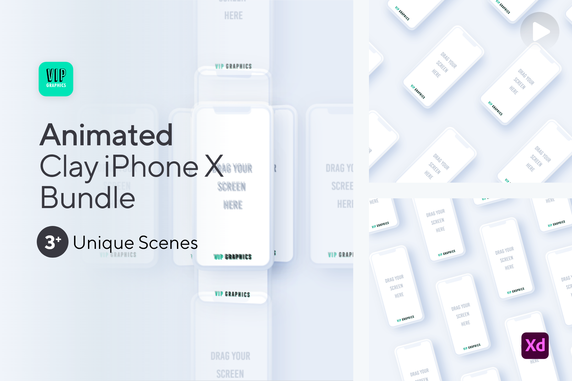 Video Mobile Mockup for Adobe XD - Animated Clay iPhones | VIP.graphics