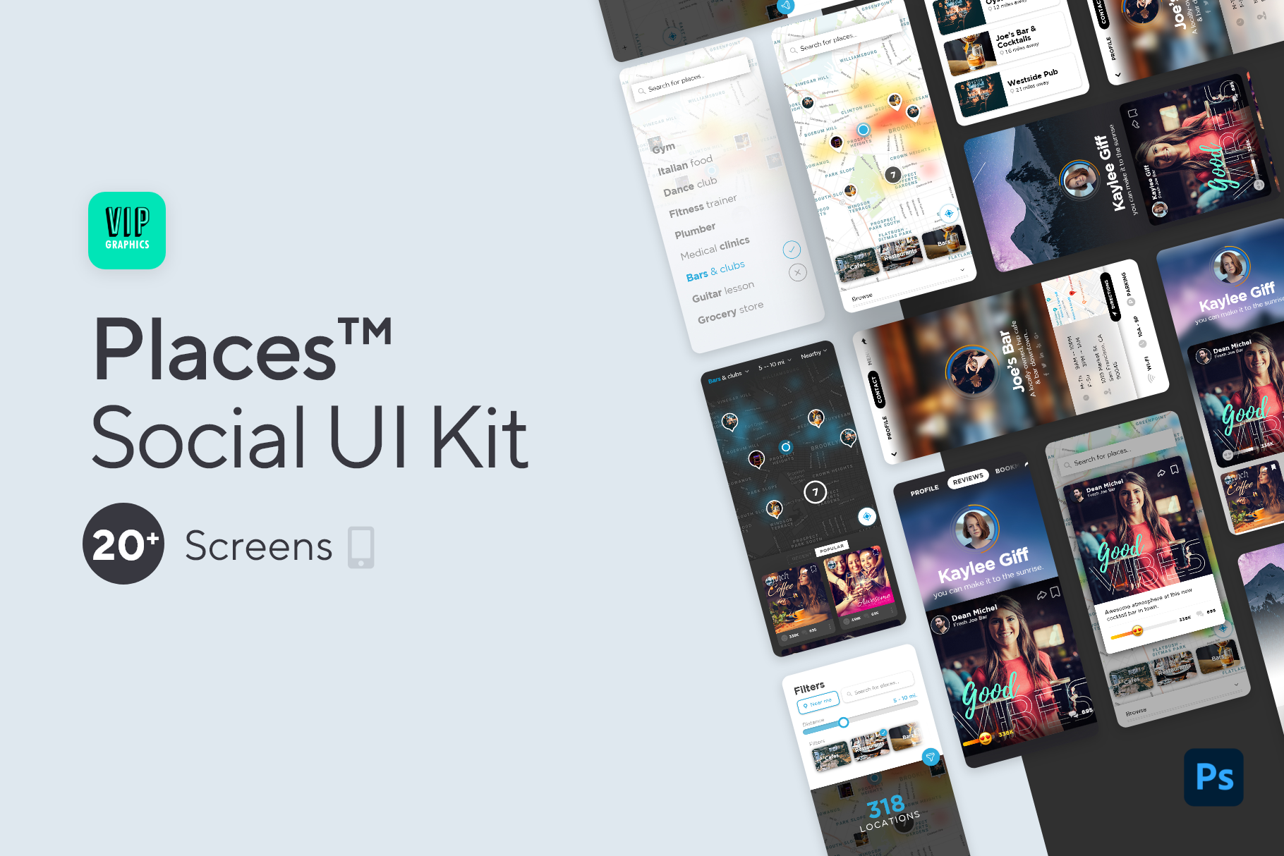 Places UI Kit - Social Media Map Location Mobile App (.PSD) Template | VIP.graphics: Download now!