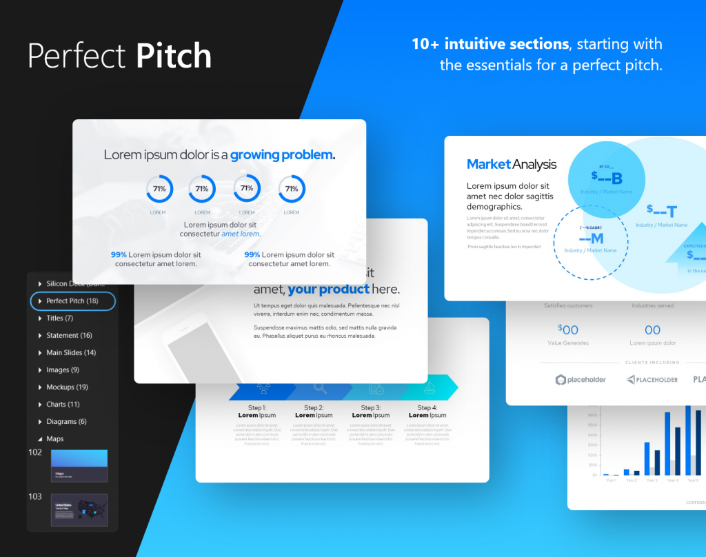 Perfect Pitch: all the essentials, 10+ intuitive sections | Startup Pitch Deck Template | VIP.graphics