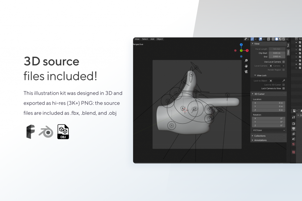 3D Hands - Illustration Kit - Gestures for Blender, OBJ, FBX