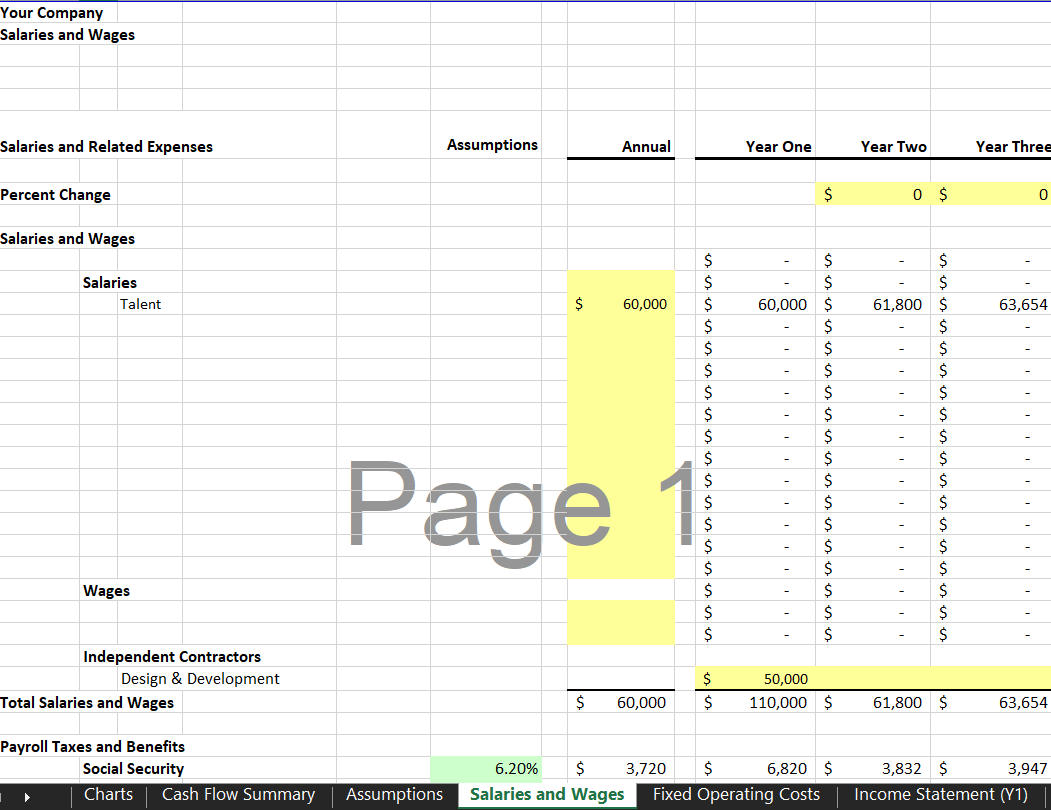 Salaries & Wages Sheet - eCommerce Financial Model Template | VIP.graphics