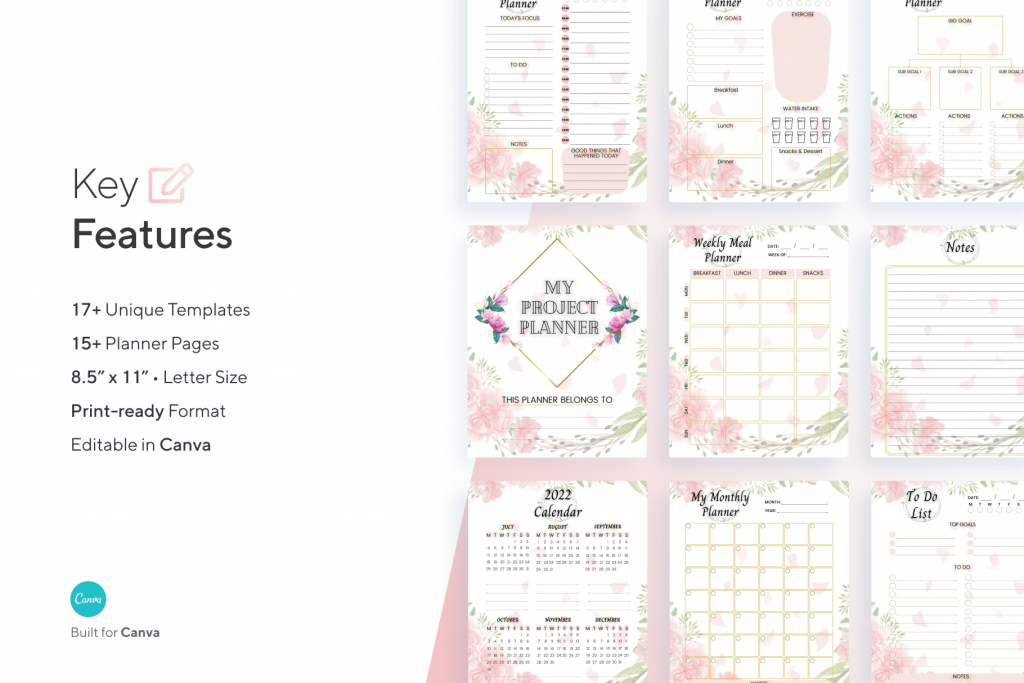 Canva Project Planner template: 17 pages including planners, to-dos, habit trackers & more