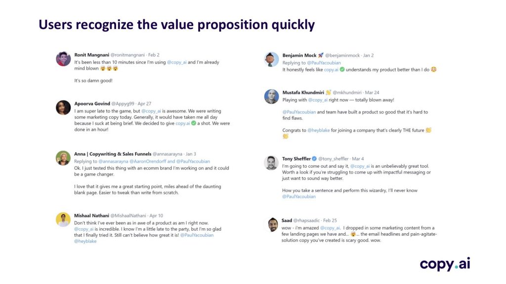 Copy.AI Pitch Deck: Reviews Slide — raised $11M for Sequoia & Tiger | Best Pitch Deck Examples by VIP Graphics