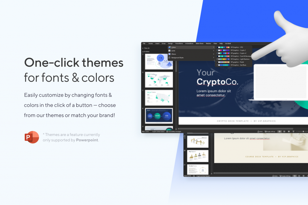 one-click-themes_customize-colors-fonts_crypto-pitch-deck 1-click Font & Color Themes for the Crypto Investor Presentation Template for PowerPoint | VIP.graphics