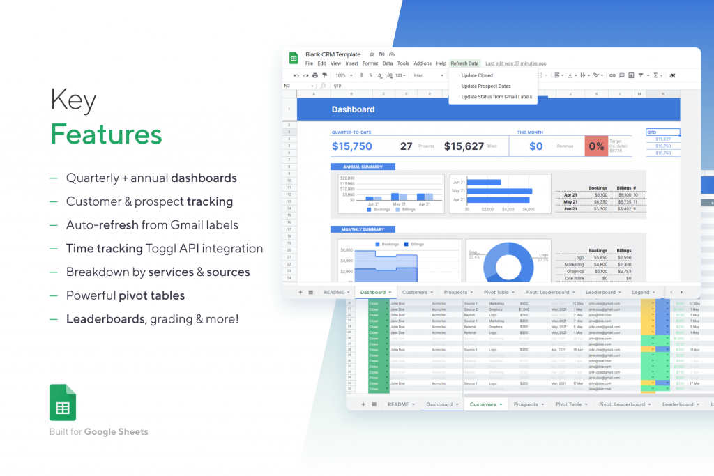 Google Sheets CRM Template - Features: Dashboards, Leads & Time Tracking, Gmail + Toggl integration