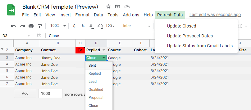 Prospects Tab - Google Sheets CRM: How to create & use your spreadsheet CRM (+ template)