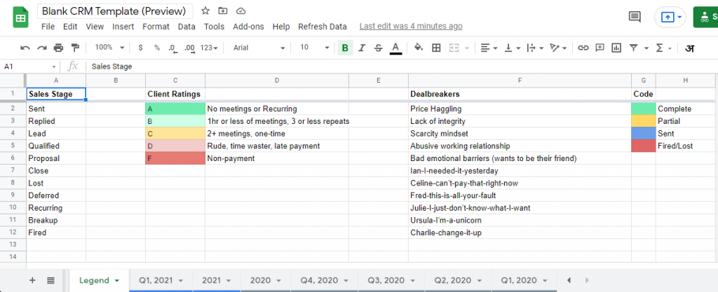 Legend - Google Sheets CRM Template: How to create your spreadsheet CRM