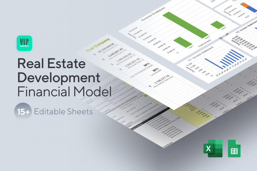 Real Estate Development Financial Model Template for Excel — Revenue Projections for commercial & residential property developers | VIP Graphics