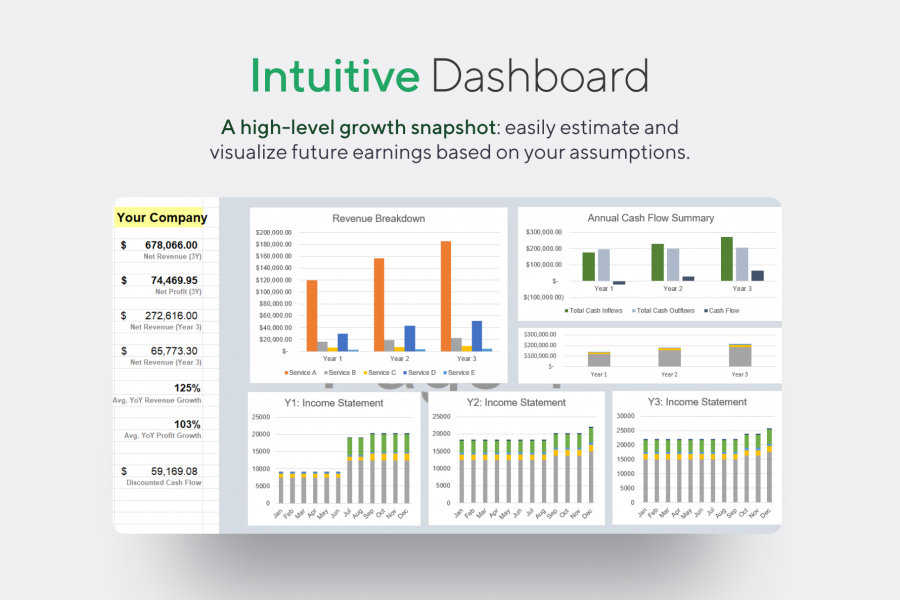 Charts Dashboard Overview: Professional Services Financial Model - Projections Template for Excel | VIP.graphics