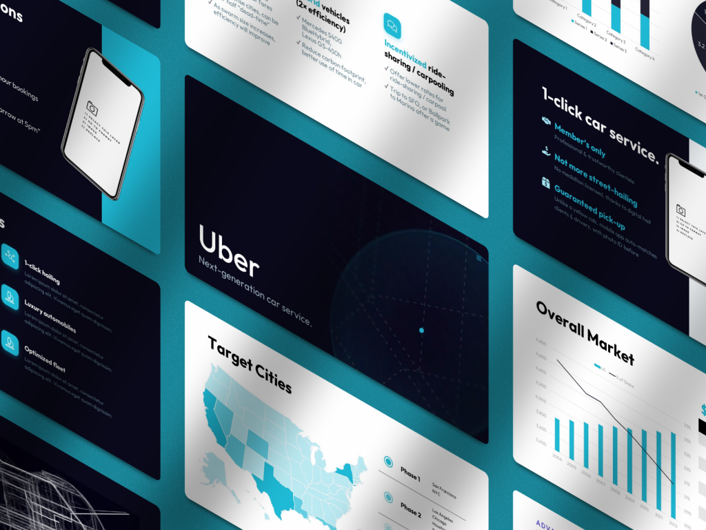 Uber Pitch Deck Template for PowerPoint + Isometric Perspective Shadow Mockups for Figma