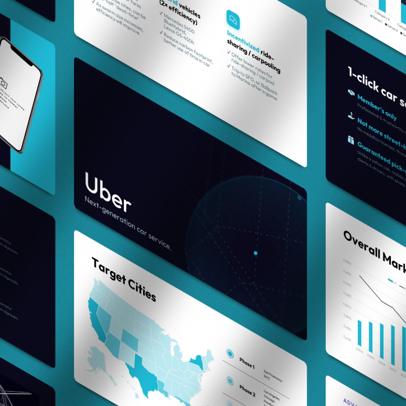 Uber Pitch Deck Template for PowerPoint + Isometric Perspective Shadow Mockups for Figma
