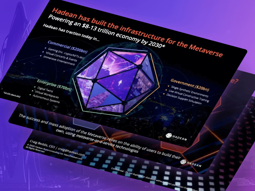 Hadean Investor Presentation: best pitch deck examples - $30M Series A for Web3 metaverse cloud infrastructure | VIP Graphics