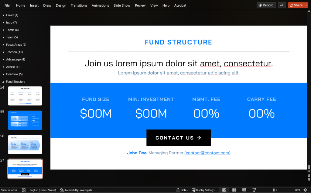 Slide deck template for pitching LPs for funds (ie. VC, PE, real estate, crypto, quant, film) | VIP.graphics