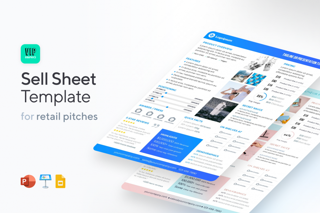 One-Page Sell Sheet template for Retail & CPG Products (PowerPoint, Keynote, Google Slides) | VIP.graphics