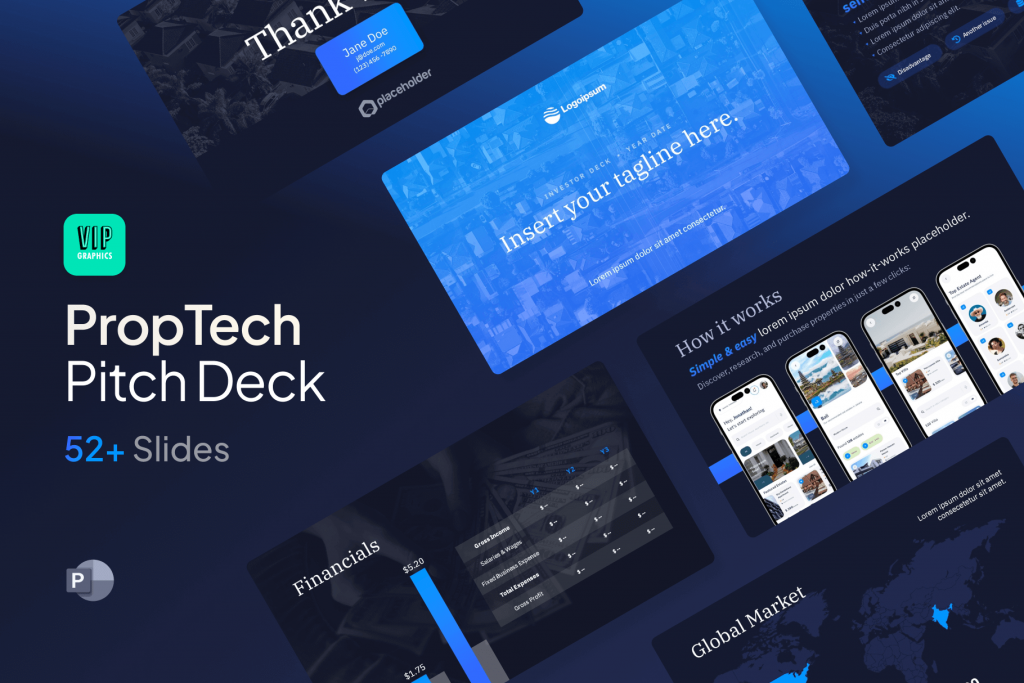 PropTech Pitch Deck: expert-designed template for real estate tech startups (ie. digital brokerages & marketplaces, property management software)