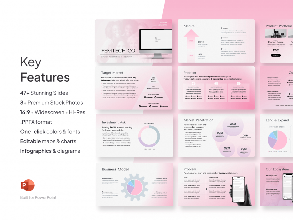 Women's Health Investor Deck - 48-Slide Pitch Deck Template for FemTech Startups | VIP Graphics