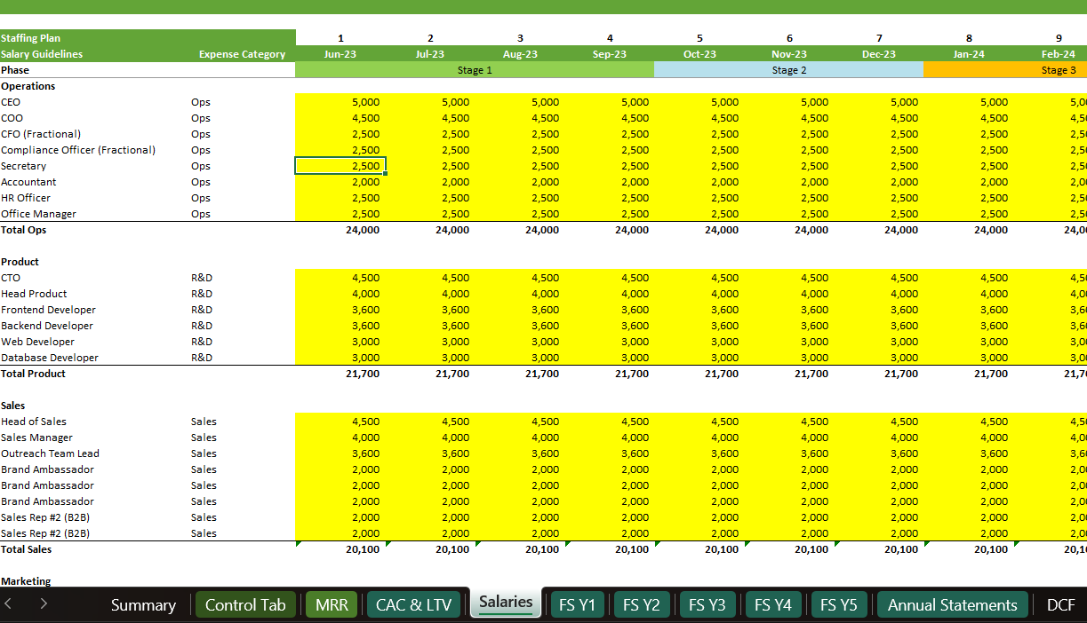 Staffing Plan - Climate Tech Financial Model Template for Sustainability Startups