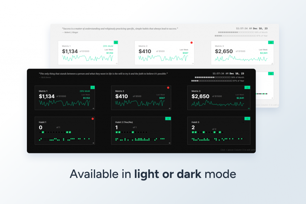 Google Sheets Goals Dashboard Template - Dark Mode + Light Mode