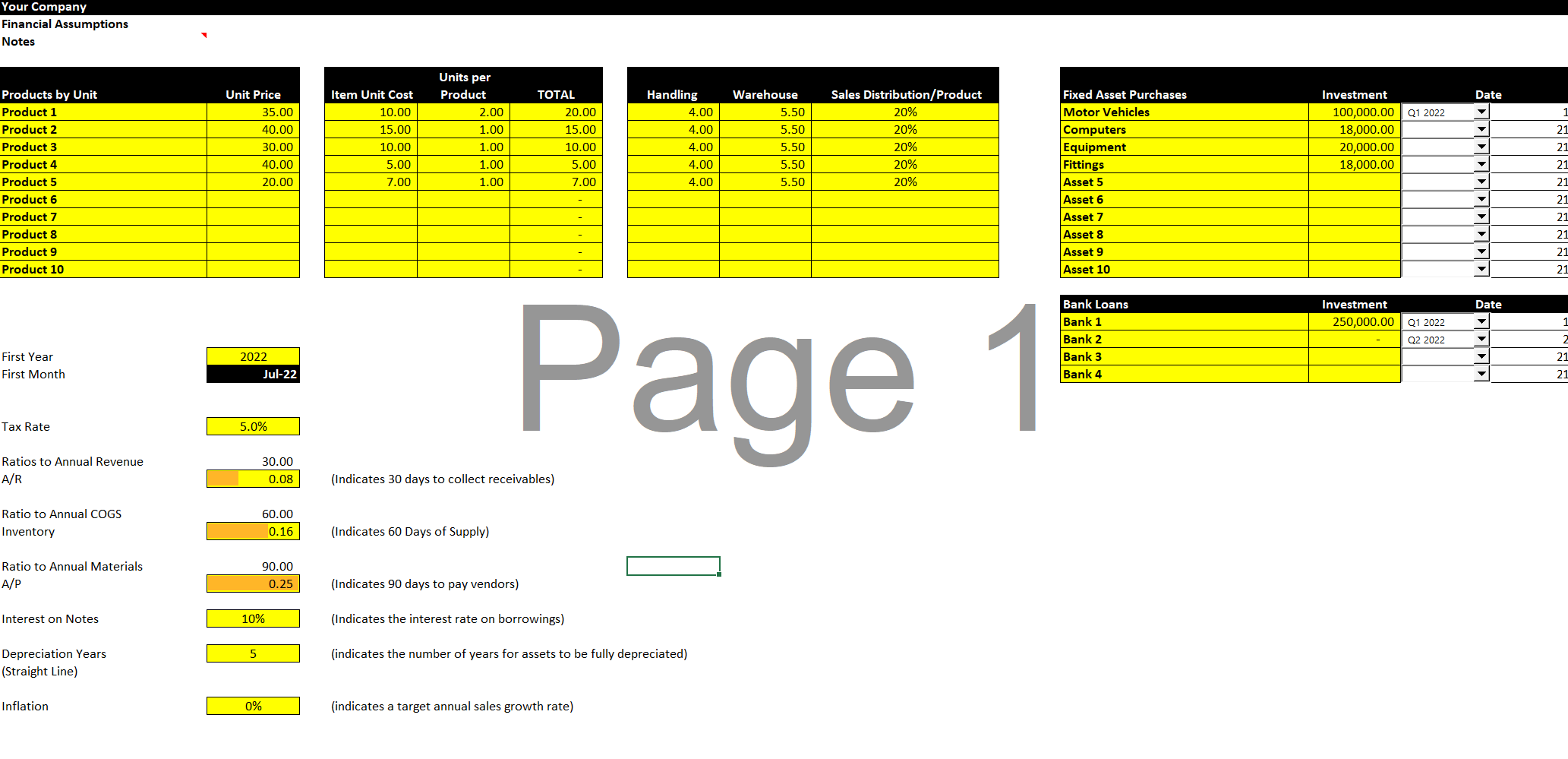 CPG Financial Model for Excel - Assumptions