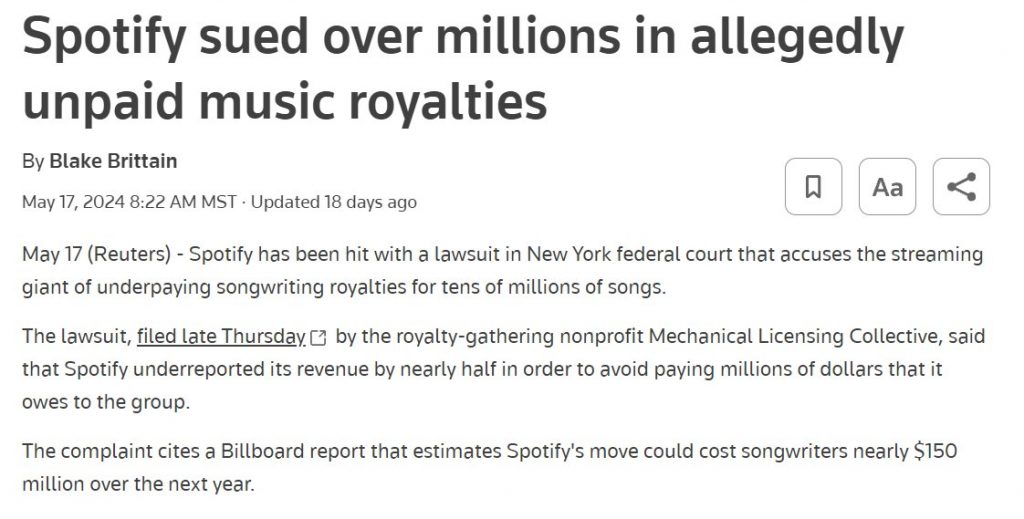 Spotify Royalties Lawsuit May 2024