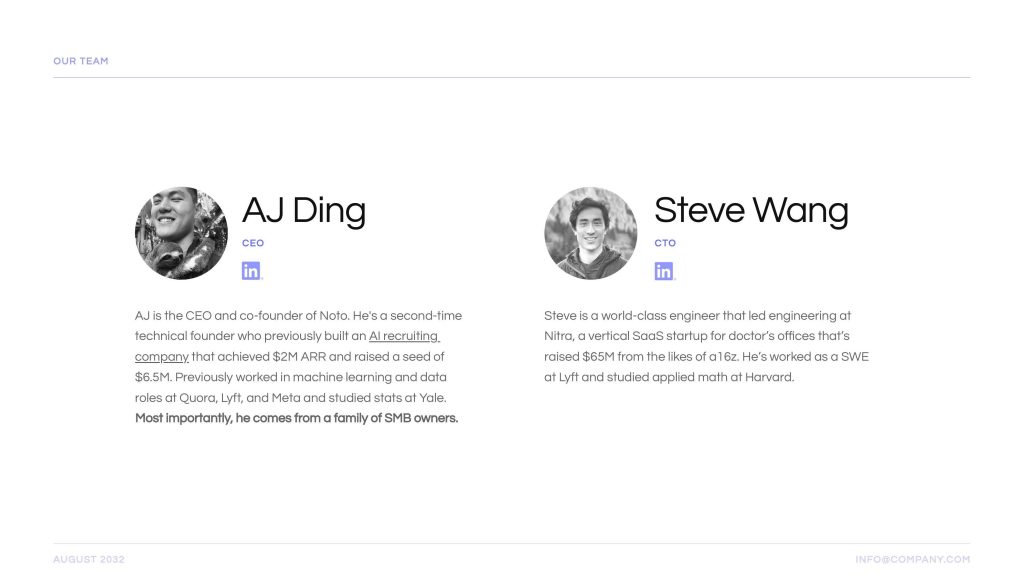 Noto Pitch Deck - Team Slide: Best pitch deck examples - $3.8M for tutoring business management | VIP Graphics