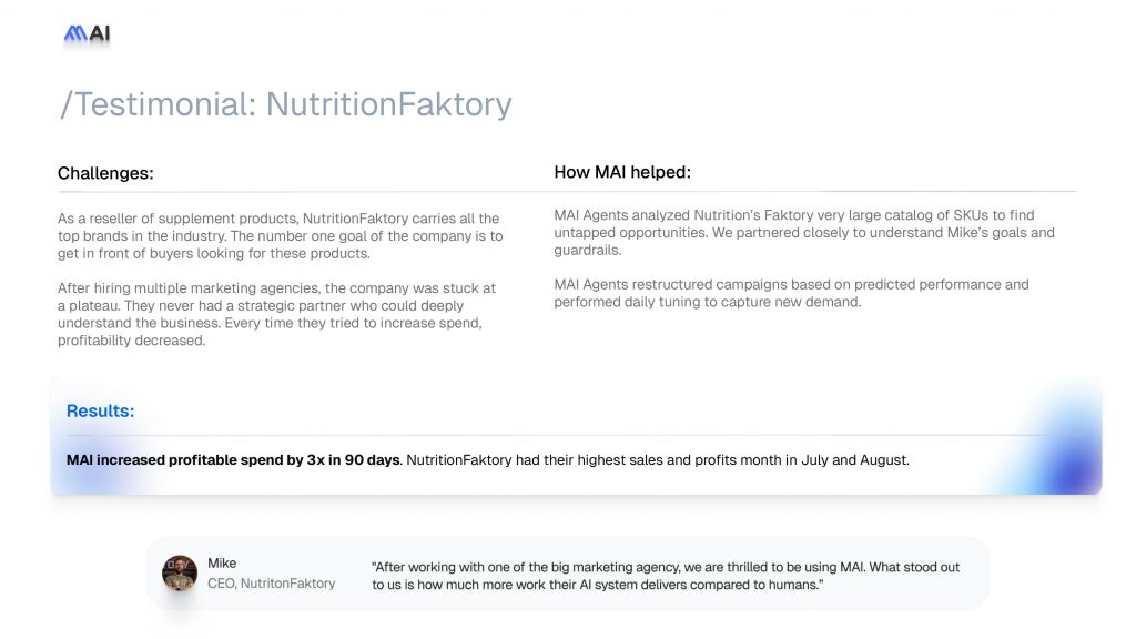 MAI Pitch Deck - Testimonial Slide: Best pitch deck examples - $25M for Marketing tech | VIP Graphics