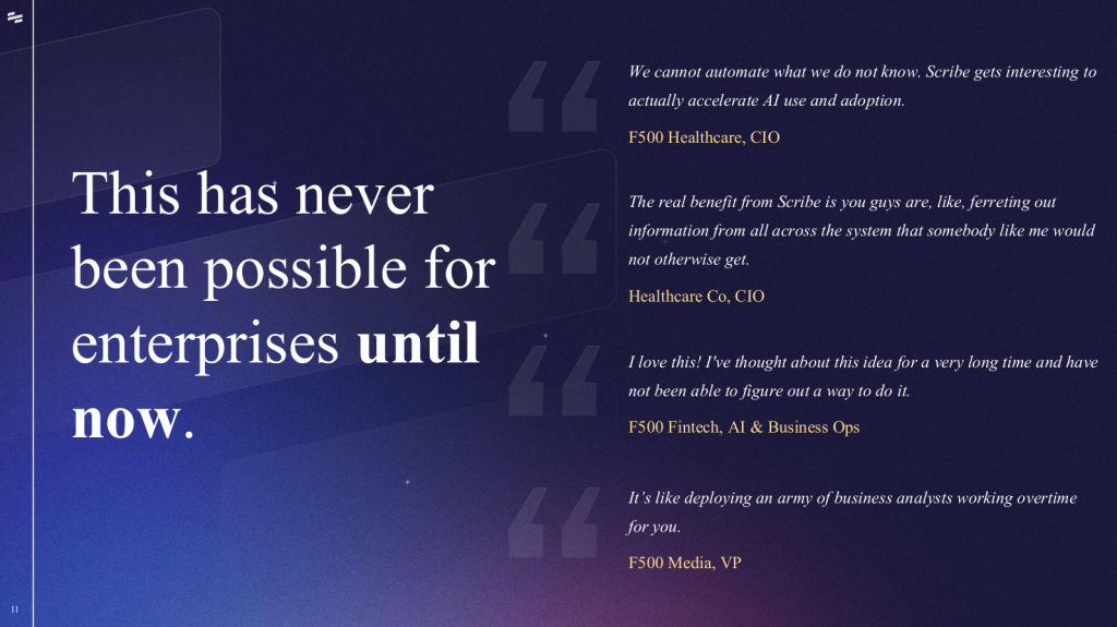 Scribe Pitch Deck - First mover advantage Slide: Best pitch deck examples - $75M for workflow automation | VIP Graphics