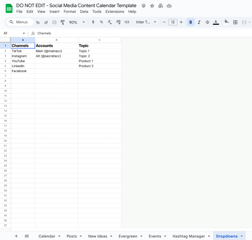 social-media-content-calendar-template_dropdown-settings social media content calendare template google sheets - dropdown settings tab