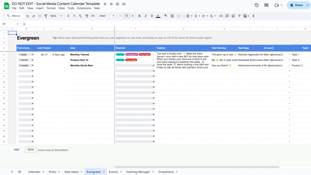 social-media-content-calendar-template_evergreen-library social media content calendare template google sheets - recyclable content tab