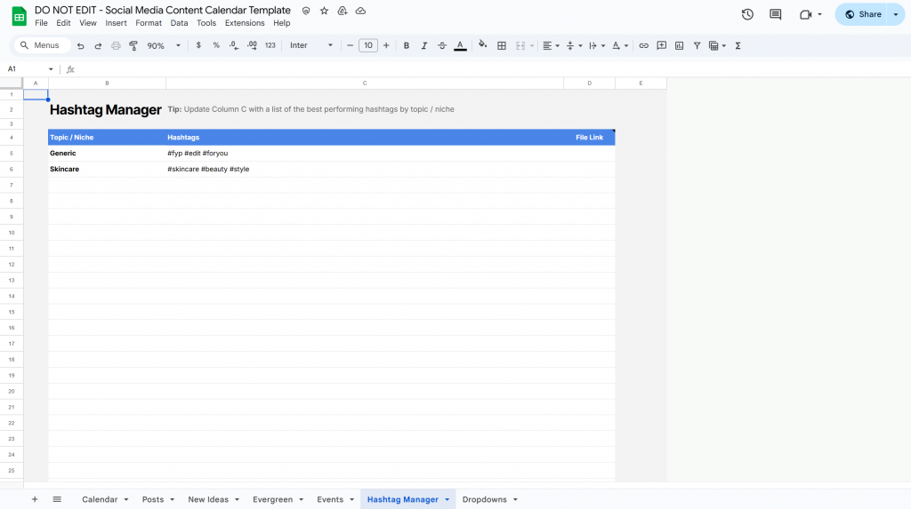 social-media-content-calendar-template_hashtag-manager social media content calendare template google sheets - hashtag manager tab