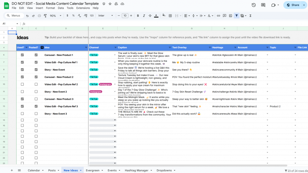 social-media-content-calendar-template_ideas-library social media content calendare template google sheets - ideas and inspo tab